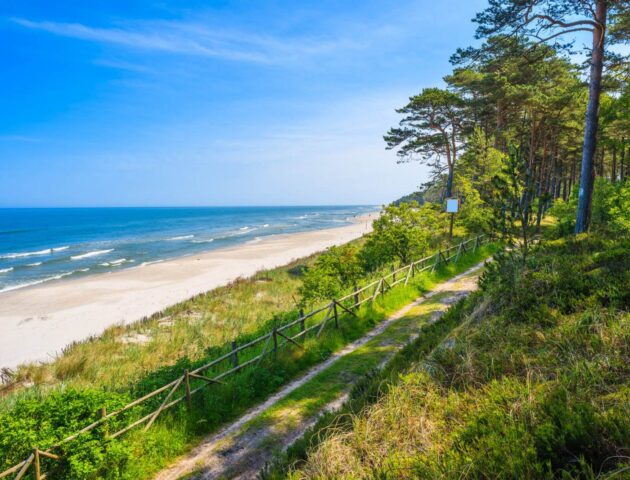 Path from forest to beautiful sandy beach in Lubiatowo coastal village, Baltic Sea, Poland